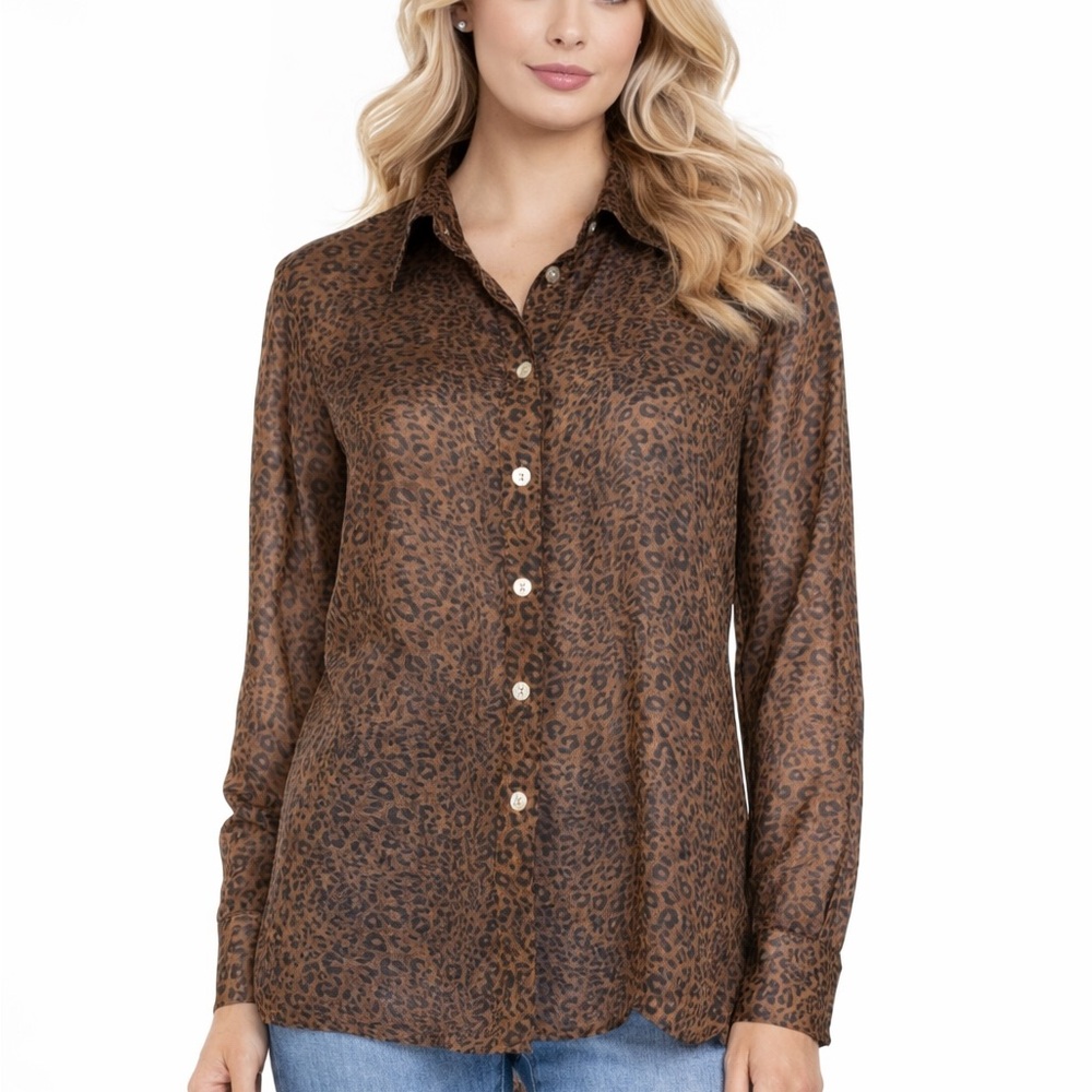 Silk Icon Collection‎ 100% silk leopard animal print button down shirt, size L